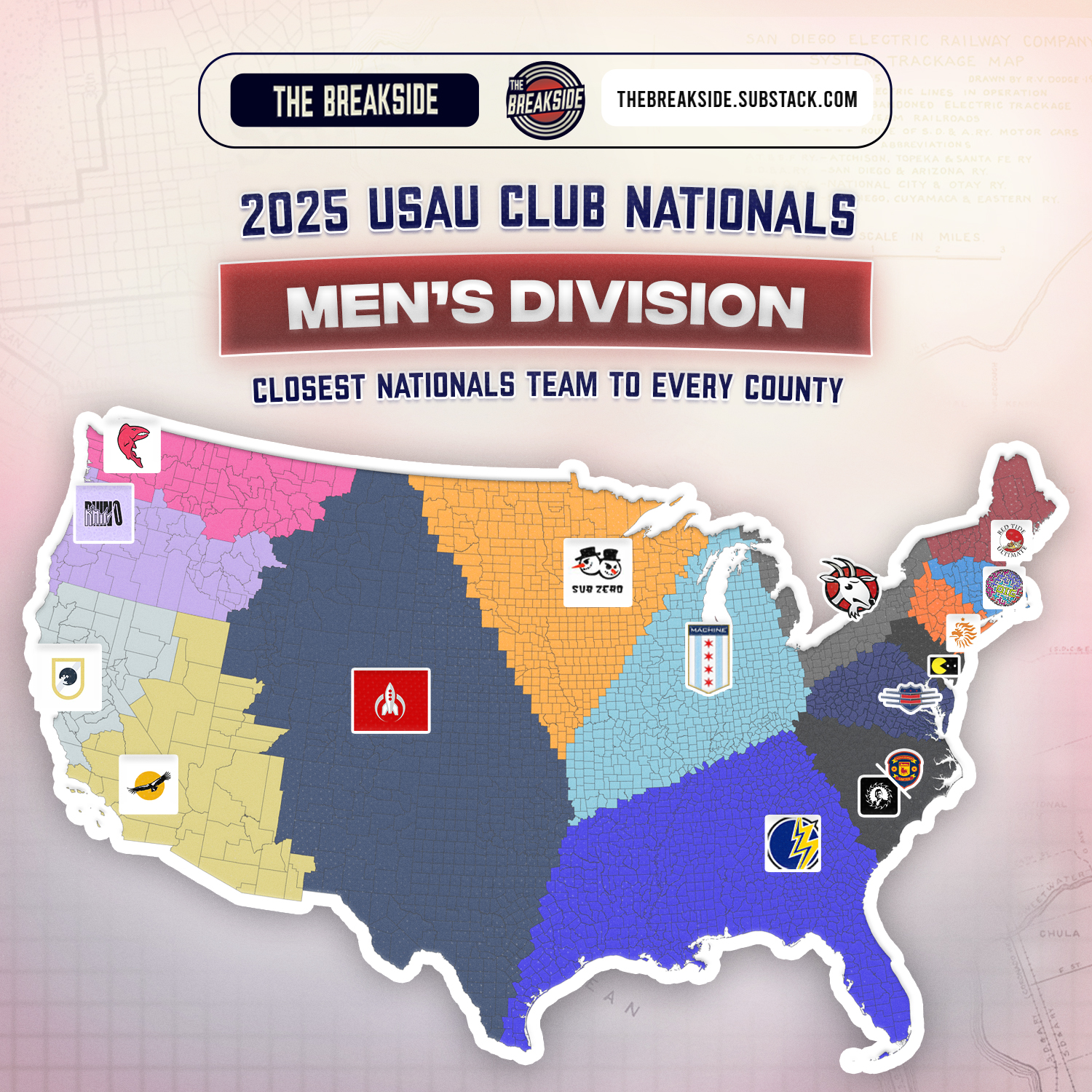 2025 USAU Club Nationals Men's Division — Closest Nationals Team to Every County